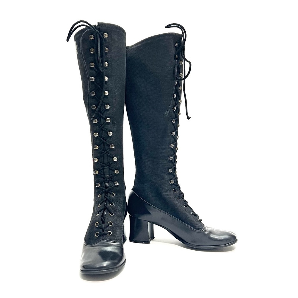 Vintage 1970s black canvas floral embroidered lace up knee high Penny Lane boots - Picture 4 of 9